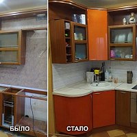 Обновление кухонного гарнитура, фабрики Маэстро, ул. Есенина 5. Замена фасадов, замена столешницы, замена мойки, замена стеновых панелей.