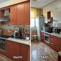 Обновление кухонного гарнитура, Шефская 103. Замена фасадов (Акрил), замена столешницы, замена мойки, замена ручек, замена стеновой панели, реконструкция и изготовление шкафов.