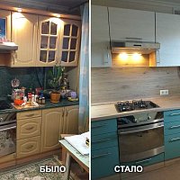 Обновление кухонного гарнитура, изготовленного нами в 2001 году, ул. Луначарского 171. Замена фасадов, замена столешницы, замена фартука, замена ручек, изготовление выдвижных систем с доводчиками.