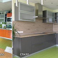 Обновление кухонного гарнитура, Уральских Рабочих 2. Замена столешницы, замена фасадов, установка стеновой панели, замена силовых механизмов подъёмников навесных шкафов..