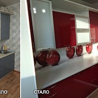 Реконструкция кухонного гарнитура, фабрики Линда, ул. Шейнкмана 108. Замена фасадов, замена столешницы, изготовление дополнительных шкафов, замена ручек, замена стёкол, установка стеновых панелей.